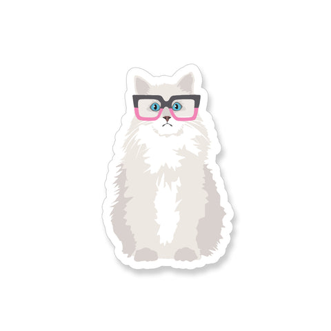 Fluffy Cat with Glasses, Vinyl Sticker - ST165