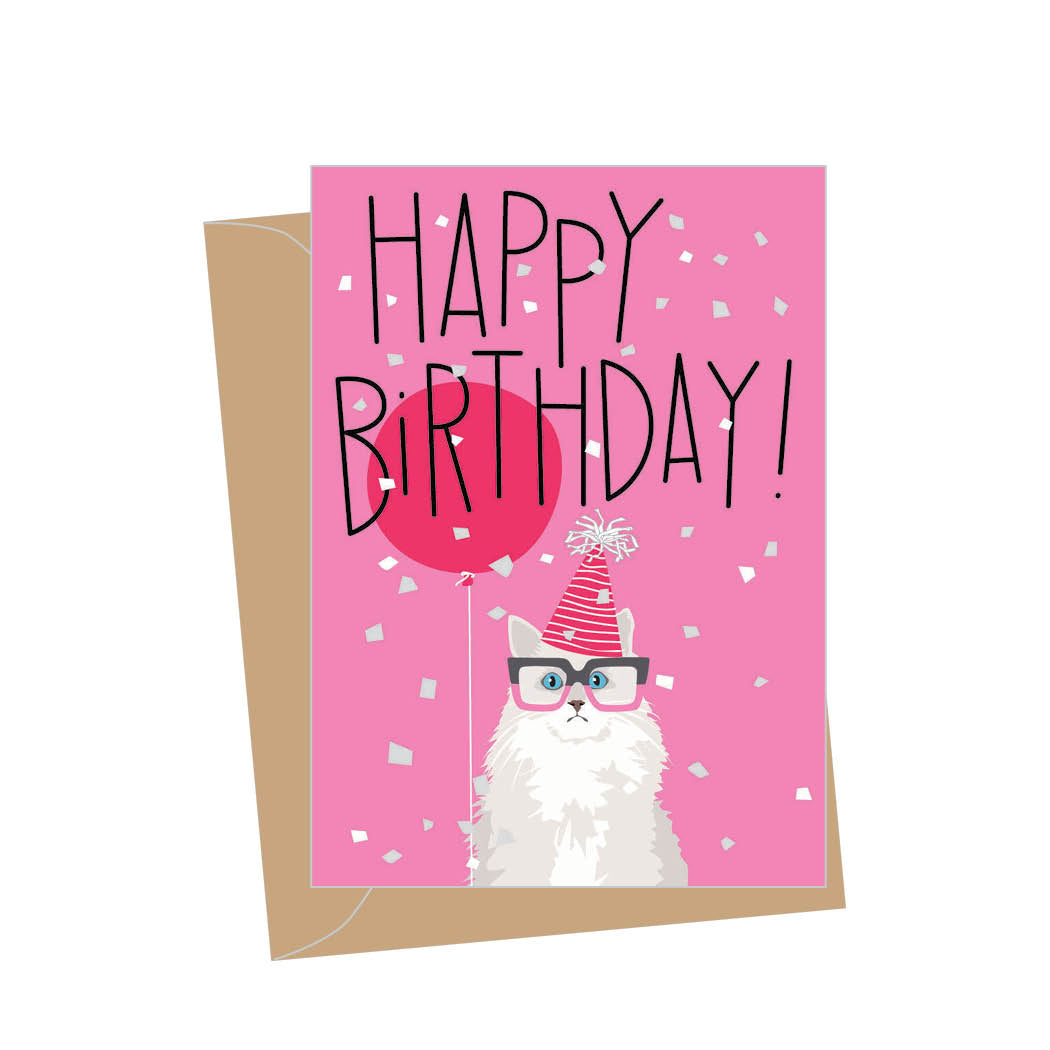 Mini Birthday White Party Cat, Folded Enclosure Card