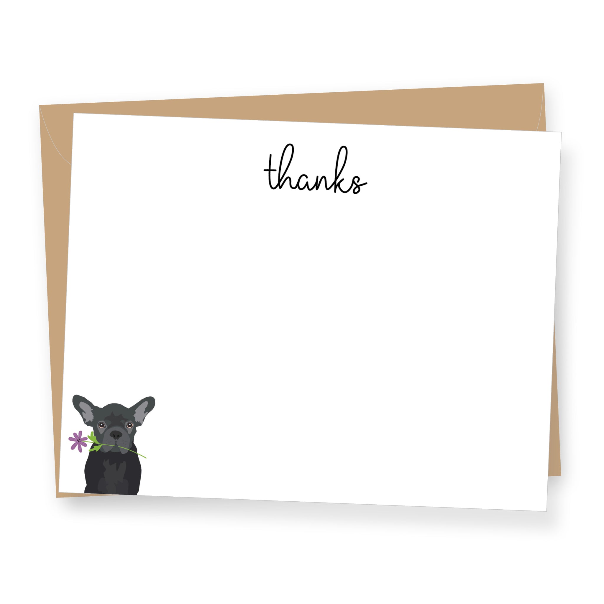 French Bulldog with Flower Thanks - Boxed Flat Correspondence Cards