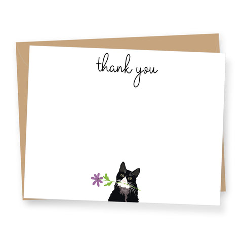 Black Cat with Flower Thank You - Boxed Flat Correspondence Cards