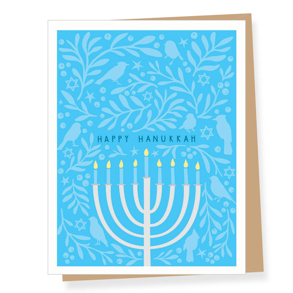 Hanukkah Menorah with Songbirds, Chanukah Card