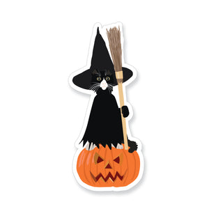 Halloween Cat Witch + Jack-o-lantern Vinyl Sticker - ST256