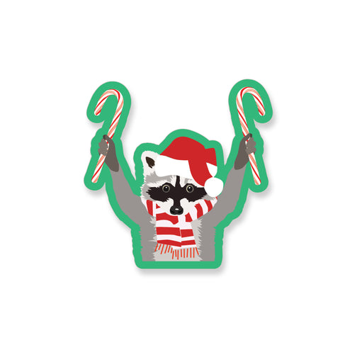 Christmas Raccoon with Candy Canes, Vinyl Sticker