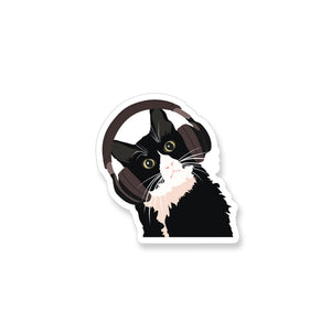 Black Cat with Headphones, Vinyl Sticker