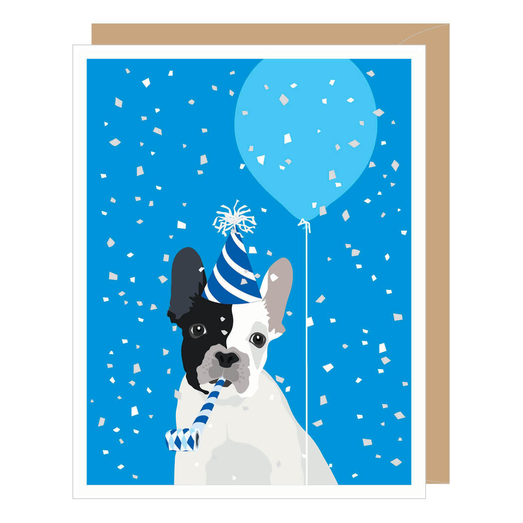 Frenchie + Blue Balloon Birthday Card