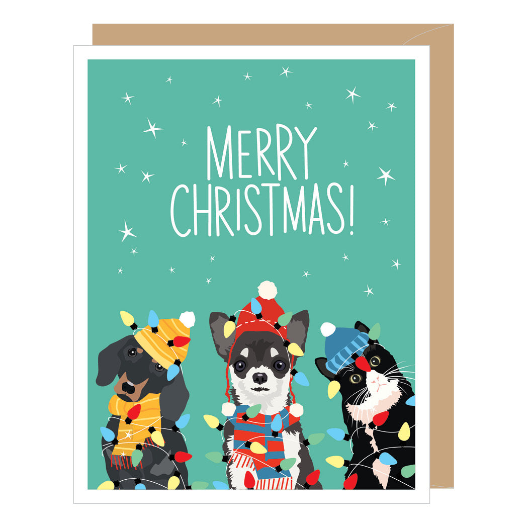 Pets Tangled in Christmas Lights Holiday Card