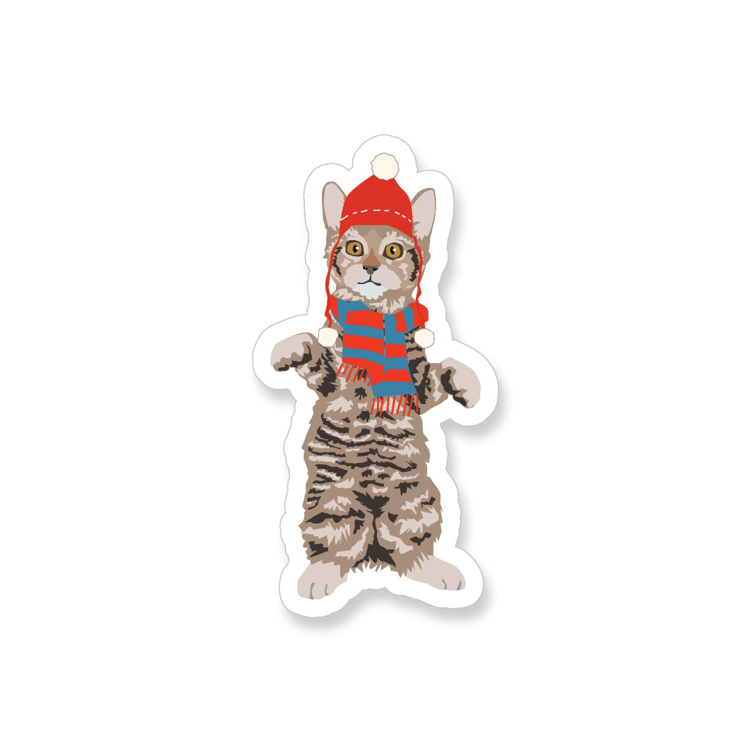 Winter Tiger Cat with Scarf, Vinyl Sticker - ST164