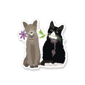 Two Cats with Flower, Vinyl Sticker - ST214