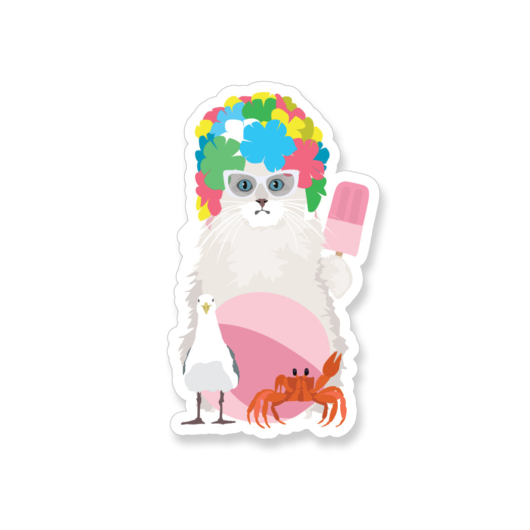 Summer White Cat with Popsicle, Vinyl Sticker - ST222