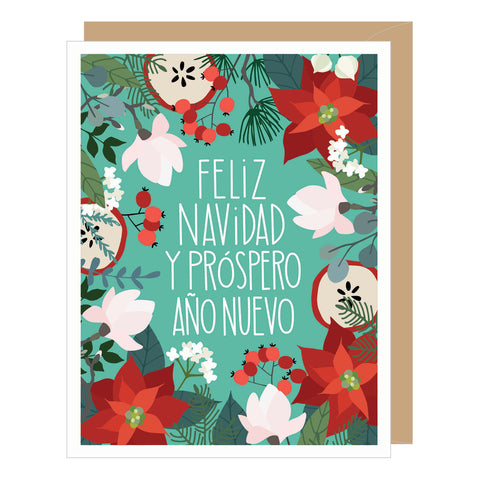 SPANISH LANGUAGE Floral Feliz Navidad Holiday Card